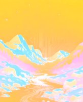 A stylized digital artwork depicting a surreal landscape with glowing mountains in shades of blue and pink, a winding river with wavy patterns, set against a bright yellow sky with circuit board lines and small white specks. The scene blends natural forms with glitch elements, creating a dreamlike, neon-infused atmosphere.