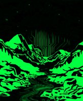 Dark background with bright neon green stylized mountain range. A winding river flows through the valley. Glowing circuit board patterns rise from the mountains, and small circular lights are scattered in the sky.
