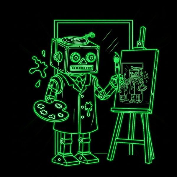 Close-up portrait of a robot with neon green outlines, wearing headphones and a beanie, set against a dark background.