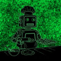 A stylized robot wearing a chef's hat holds a rolling pin in one hand and a tray of cookies in the other, standing at a counter with a bowl of ingredients and dough. The entire scene is rendered in a neon green outline against a textured, glitchy green background.