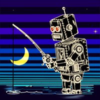 A retro-futuristic robot with glowing red eyes stands in water at night, holding a fishing rod with a line cast into the water under a crescent moon, against a background of horizontal neon blue and purple stripes with stars.