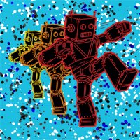 Three stylized robots in neon red, yellow, and orange outlines perform a karate kick pose. The background is a bright blue with scattered black, white, and blue dots, creating a glitch effect. The robots have blocky heads with antennas and mechanical limbs.