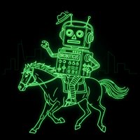Neon green line art of a retro-futuristic robot labeled 'Broboticus' riding a galloping horse, wearing a hat and headphones, against a black background with faint city skyline outlines.