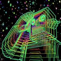 A neon-colored, glitchy star-bot with large circular eyes and mechanical features stands against a black background filled with multicolored, twinkling stars. The artwork is a cyber-eclectic surrealist piece with vibrant, rainbow-welded lines and a retro-futuristic aesthetic.