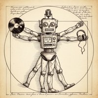 A vintage-style illustration of a robot in Vitruvian proportions, holding a vinyl record in one hand and headphones in the other, with a microphone on its head. The image includes handwritten text in the background and a circular and square frame, echoing Leonardo da Vinci's Vitruvian Man.