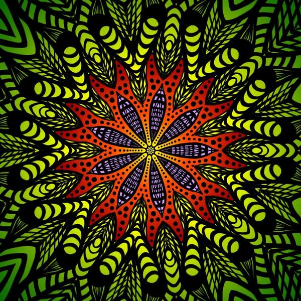 Color Pattern: the Spiral Studies mandala with full color treatment applied throughout. The outer geometric field rendered in vivid acid green and yellow-green, with feather fronds, crescents, and eye forms glowing in high-saturation lime against black. The central star flower retains its red, orange, and violet coloring. Intensely psychedelic and high-contrast. Part of the BasicGlitch Spiral Studies series.