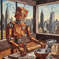 A cubist-style orange robot with antennae stands at a kitchen counter with a rolling pin, flour sack, bowls, and a city skyline of skyscrapers visible through large windows.