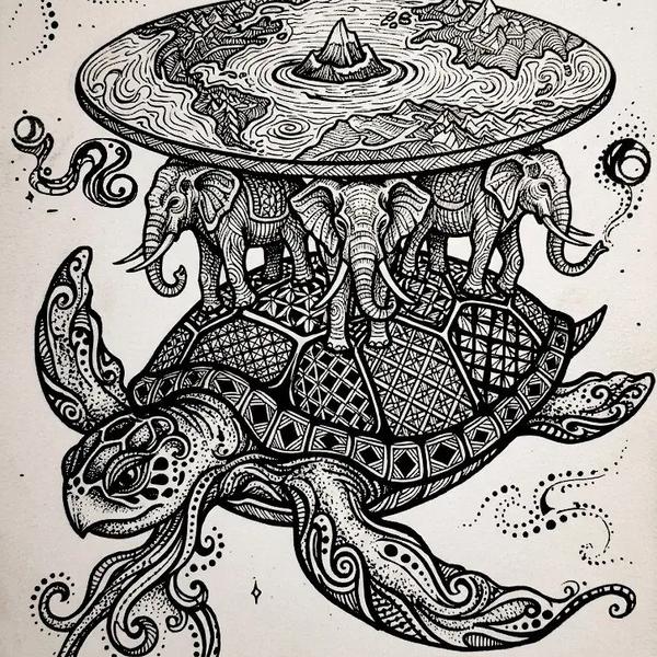 Discworld: original hand-drawn black ink illustration on white paper depicting the Discworld cosmology: a great sea turtle swimming through a star-dotted cosmos, carrying four decorated elephants on its shell, who in turn support a flat disc world with mountains rising from swirling water at its center. Every surface features intricate hand-drawn patterns. Stars, spiral galaxies, dot trails, and celestial symbols surround the composition. Traditional ink drawing by BasicGlitch.