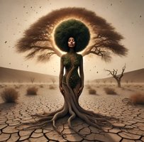 A surreal figure merges with a tree, its roots forming a dress and a large tree canopy as a headpiece, standing in a cracked, barren desert landscape with sparse vegetation and distant hills. The background features a large tree behind the figure, and the ground is covered in dry, cracked earth.
