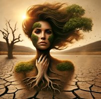 A surreal digital artwork titled 'Dust to Dust' depicts a woman whose hair is replaced by lush green foliage, and her torso merges with tree roots extending from her hands. She stands on cracked, parched earth with a dead, leafless tree and a sunset in the background.