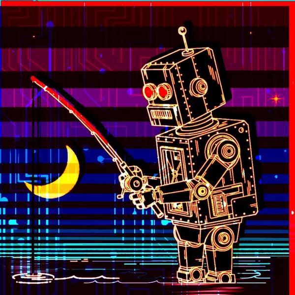 Fishboticus Glitched: glitch art variant of Night-Fishing the Arkansas River. Broboticus robot outlined in warm gold and cream stands at the water's edge holding a fishing rod against a heavily glitched background of horizontal stripes in red, purple, blue, and cyan with circuit trace overlay patterns and color bleed artifacts. Red border frames the composition. Yellow crescent moon remains. BasicGlitch original character glitch art.