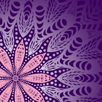 A stylized, neon pink flower with white dotted details at its center, set against a deep purple background with abstract, glitch-like patterns and swirling shapes.