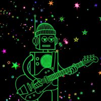 A neon green, stylized robot with a beanie, headphones, and antenna, holding and playing an electric guitar. The robot has a rectangular head with circular eyes, a mouth with horizontal lines, and a body with circular buttons and a speaker-like feature. The guitar has a yellow strap, and the entire figure is outlined in bright green against a black background.