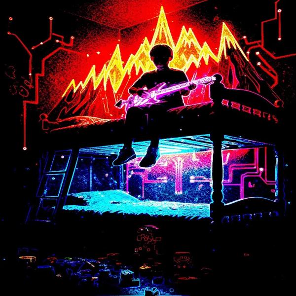 Inner Child: glitch art digital processing of a personal photograph showing a child's silhouette sitting on a bunk bed holding an electric guitar. The image has been treated with high-contrast neon edge detection, glitch color processing, and circuit trace overlays. A dramatic yellow zigzag mountain and soundwave form rises behind the figure against a deep red background. Cyan and magenta neon outlines the room furniture. BasicGlitch personal series.