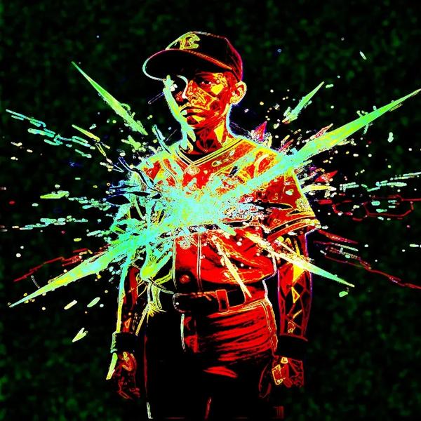 Love of the Game: glitch art digital processing of a photograph of a young baseball player in full uniform and cap, standing facing the camera against a dark green background. High-contrast neon edge detection treatment renders the figure in vivid red, gold, and orange outlines. A large multi-pointed starburst of cyan, yellow, and green light emanates from the center of the chest. BasicGlitch personal series.