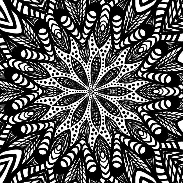 Monopattern: high-contrast black and white hand-drawn mandala. A ten-pointed star flower radiates from the center with alternating dotted and lattice-filled petals. Dense radiating geometric fields surround it: feather frond forms, crescent shapes, eye-like ovals, and arrowhead patterns fill the composition edge to edge. No color, maximum contrast. Part of the BasicGlitch Spiral Studies series.