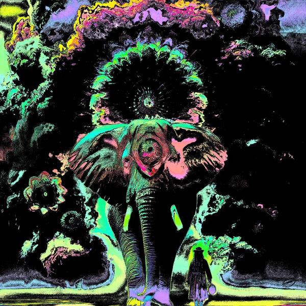 Pachydermis Phish Edition Inked: dark high-contrast variant with black background and neon edge-detection treatment. The elephant in teal and pink neon outlines against black. Cloud formation dark with neon-outlined fractal bloom forms. The lone human silhouette as a small dark figure against a pool of neon green light. BasicGlitch Pachydermis series.