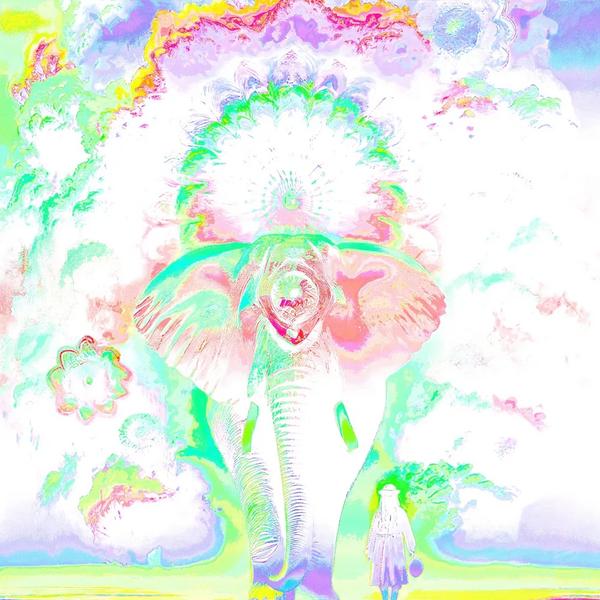 Pachydermis Phish Edition: pastel inverted variant of the Pachydermis composition. The massive frontal elephant rendered in soft mint green and pink tones against a predominantly white and pale lavender background. The explosive cloud formation has become a soft bloom of pastel green, pink, yellow, and purple. The lone human silhouette appears in pale lavender at lower right. BasicGlitch Pachydermis series.
