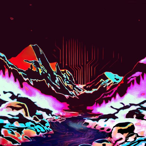 Sangre De Cristos Blanca: high-contrast digital landscape of the Sangre de Cristo mountain range under a deep crimson and maroon night sky. Mountain ridgelines outlined in cyan and magenta. A circuit board trace pattern rises dark red from the central valley. Part of the BasicGlitch Sangre de Cristos series.