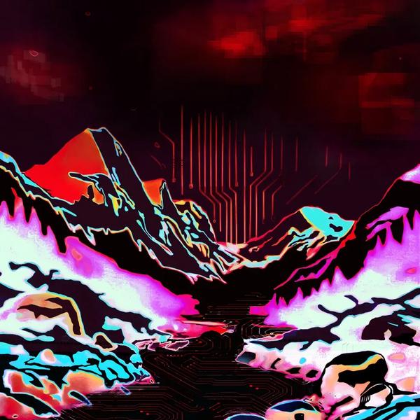 Sangre De Cristos Blanca at Dusk: digital landscape of the Sangre de Cristo mountain range with a dramatically fractured crimson sky showing blocky glitch distortion. Mountain ridgelines glow with cyan, magenta, orange and white edge highlighting. Circuit board pattern in the valley and river. Part of the BasicGlitch Sangre de Cristos series.