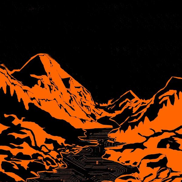 Sangre De Cristos Circuits: stark two-color digital landscape of the Sangre de Cristo mountain range rendered entirely in vivid orange on pure black. Mountain forms are bold flat silhouettes. The foreground river and rocky banks are covered in dense circuit board trace patterns. Part of the BasicGlitch Sangre de Cristos series.