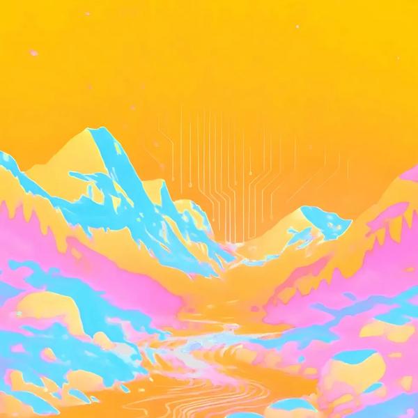 Sangre De Cristos Colorado: vibrant digital landscape under a saturated amber and golden yellow sky. Mountain peaks in bright cyan and blue against warm orange fills. Lower slopes through hot pink and magenta to the foreground river. White circuit board trace pattern rises subtly from the central valley. Part of the BasicGlitch Sangre de Cristos series.