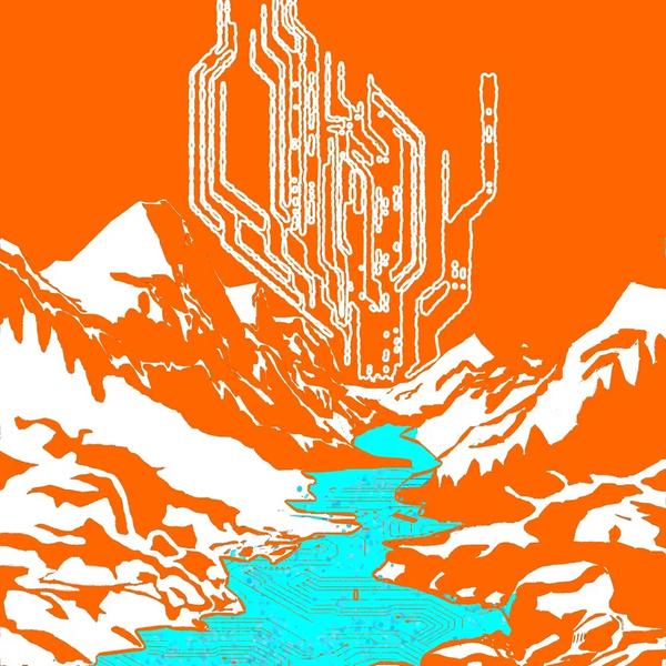 Sangre De Cristos Dreamsicle: bold three-color digital landscape under a saturated orange sky. Mountain forms alternate between flat orange and stark white snowfields. A bright cyan river runs through the center foreground. A large white circuit board tower structure rises from the valley into the orange sky. Part of the BasicGlitch Sangre de Cristos series.