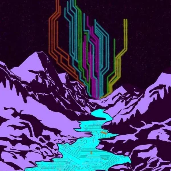 Sangre De Cristos Midnight Dawn: digital landscape with mountain forms rendered in flat lavender-purple against a deep black star-dotted sky. A tall multicolor circuit board structure in orange, green, teal, and yellow rises dramatically above the valley. A bright cyan river runs through the foreground with circuit trace patterning. Part of the BasicGlitch Sangre de Cristos series.