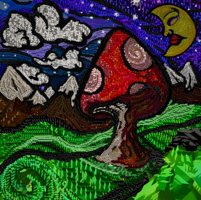 Digital artwork depicting a large red mushroom with white spots (pixelated texture) set against a night sky with a crescent moon (with a face), white clouds, green grassy area, brown tree trunk, and black rocks.