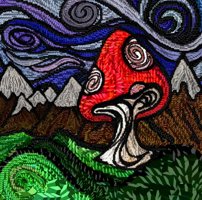 A digital artwork titled 'Mycology Yourcology' featuring a large red mushroom with spiral caps at the center, surrounded by a swirling green landscape, mountain peaks, and a sky with swirling patterns in blue, purple, and gray. The image has a glitchy, pixelated texture.