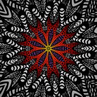 Abstract digital artwork titled 'Spiral Geometry' featuring a central red and purple spiral with yellow accents, surrounded by intricate black-and-white geometric patterns, including spirals, lines, and circular motifs.