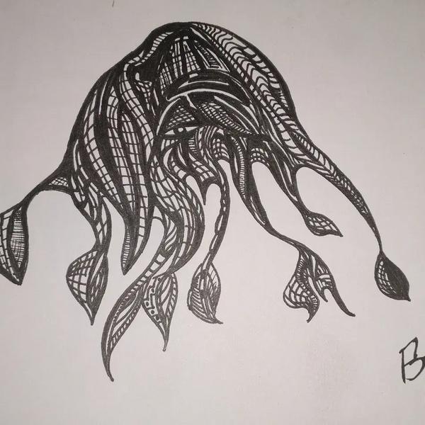 Squid: original hand-drawn black ink illustration on white paper of a squid or jellyfish-like cephalopod viewed from above. Eight tentacles extend downward, each filled with intricate hand-drawn texture patterns including crosshatching, grid lines, parallel striping, and stippling. The mantle at top is dense with layered ink work. Signed Basic Glitch in the lower right corner. Traditional ink drawing by BasicGlitch.