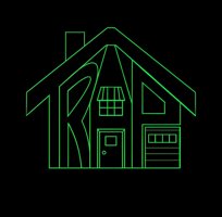Green neon outline of a house with the letters 'TRA' integrated into the structure, featuring a door, window, and garage door, set against a black background.