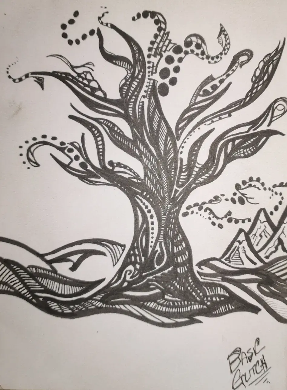 Henna Tree — original hand-drawn black ink illustration on white paper of a stylized tree with a heavily patterned trunk featuring vertical stripes, dot sequences, and decorative fills. Branches spread wide and curl at the tips with various organic pattern treatments. Small decorated creature-like forms appear in the upper branches. A minimal mountain range sketch occupies the lower right background. Ground roots spread in flowing decorative lines. Signed Basic Glitch in the lower right corner. Traditional ink drawing by BasicGlitch.