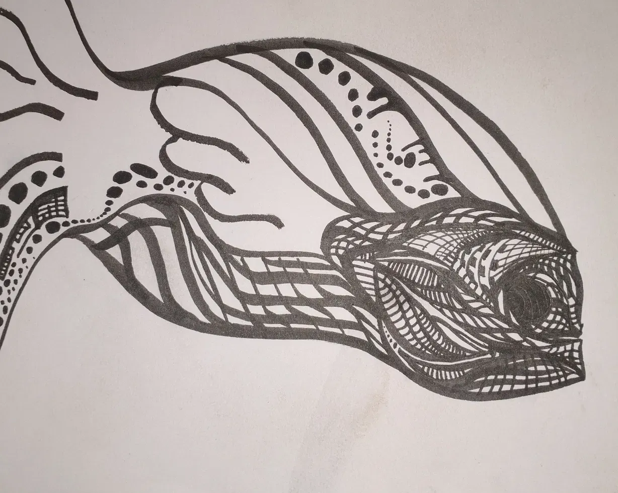 Unfishished Business — original hand-drawn black ink illustration on white paper showing a partial fish head in profile, filling most of the frame. The form is built from flowing parallel line work, dot patterns, and dense spiral detailing. A highly detailed spiral eye dominates the right portion. Several fin or branch-like forms extend from the upper left edge. The drawing appears deliberately incomplete in areas. Signed Basic Glitch. Traditional ink drawing by BasicGlitch.