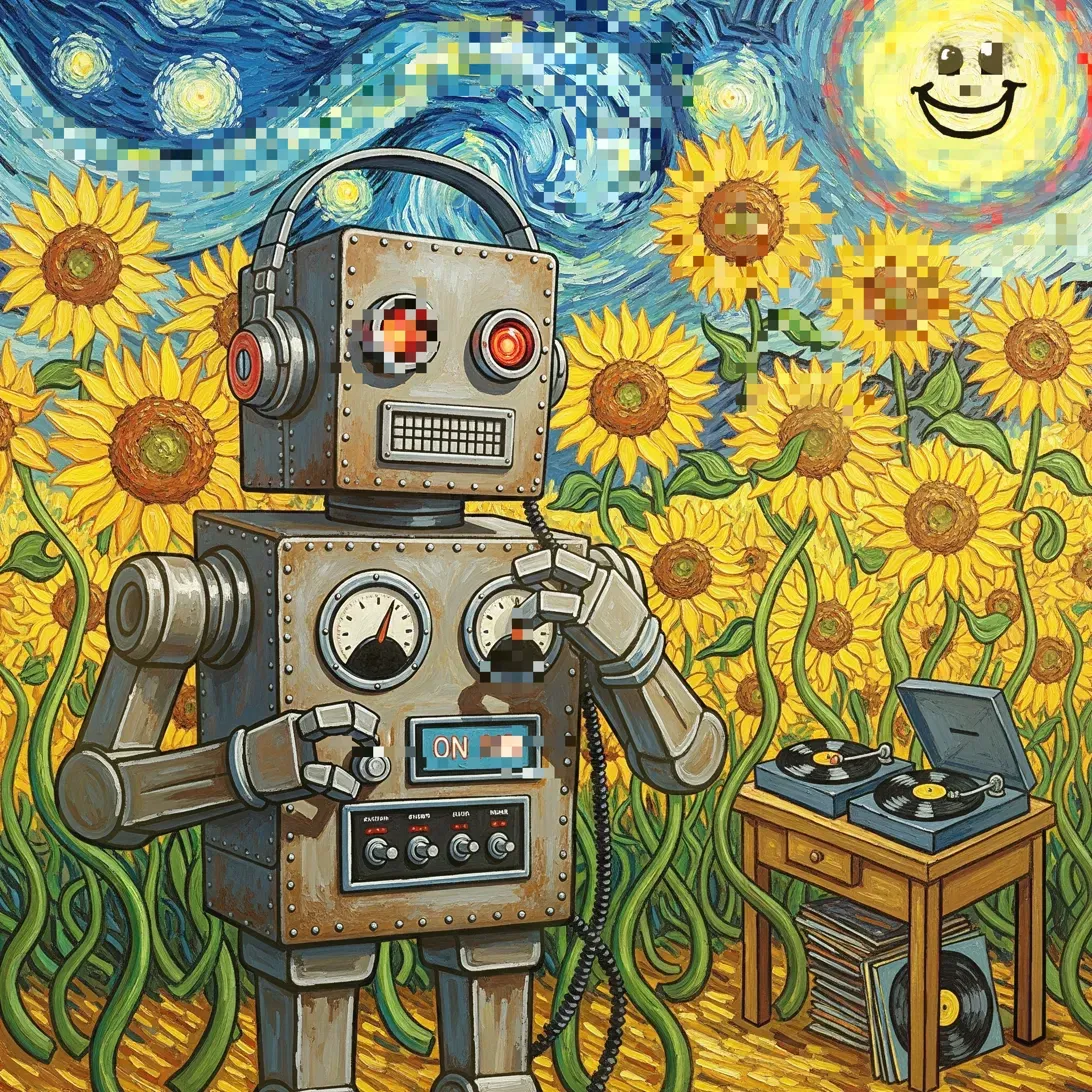Vincent VanBoticus: Van Gogh-style digital oil painting depicting Broboticus robot standing in a sunflower field under The Starry Night sky. He wears large headphones, his chest panel reads ON AIR, and he holds a telephone handset. Red glowing eyes. A record player with stacked vinyl records on a wooden side table stands to his right. BasicGlitch Masters Remixed series.